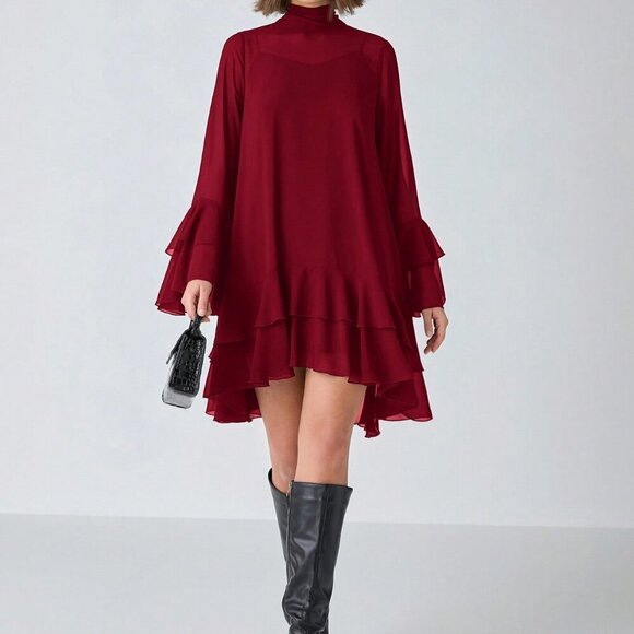 Burgundy Elegant Women's Stand Collar Long Sleeve flowy Short ruffled hem Dress - Picture 3 of 8